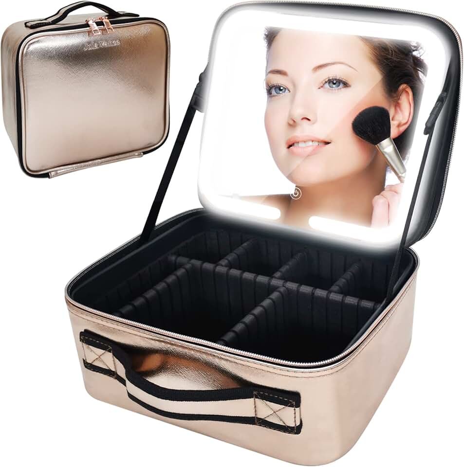Small Rose Gold Makeup Train Case with Mirror and Lights