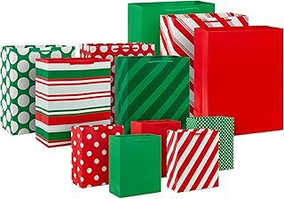 Set of 12 assorted gift bags in red, green, and white