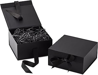 Medium black gift boxes with bow and shredded paper, set of 2