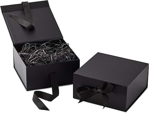 Medium black gift boxes with bow and shredded paper, set of 2