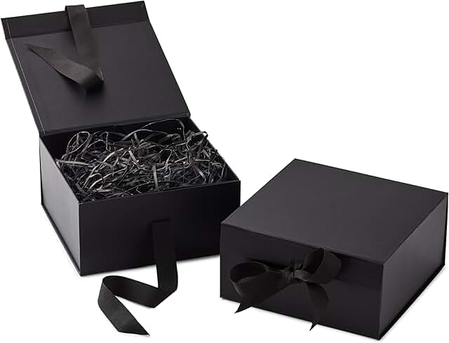 Medium black gift boxes with bow and shredded paper, set of 2