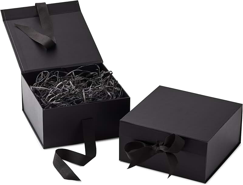 Medium black gift boxes with bow and shredded paper, set of 2