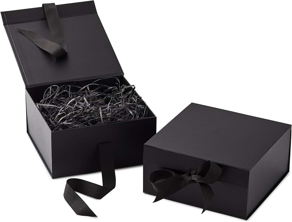 Medium black gift boxes with bow and shredded paper, set of 2