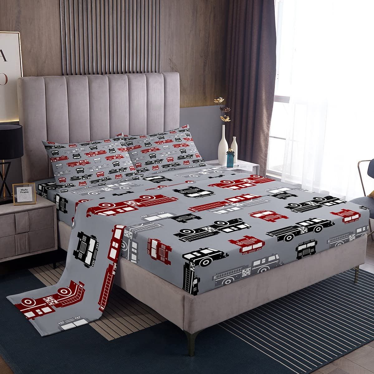 Vehicles Bed Sheets Boys Truck Sheet Set Full Size, Rescue Car Fitted Sheet for Child Youth Man, Engine Bed Cover Fighting Vehicle Kids Car Theme Room Decor Grey