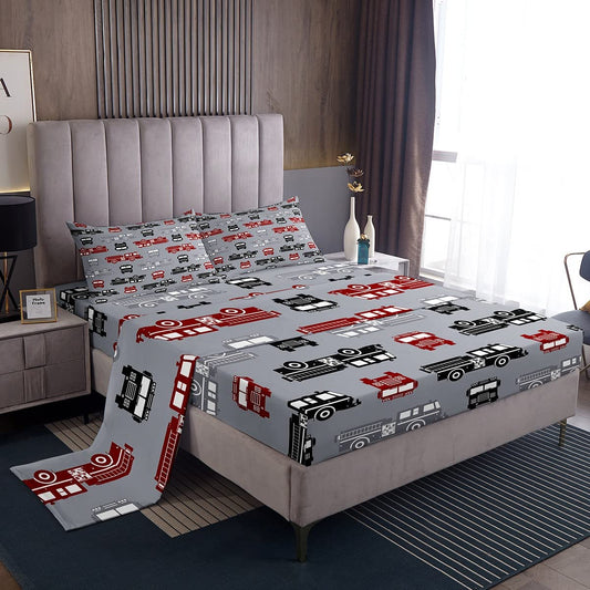 Vehicles Bed Sheets Boys Truck Sheet Set Full Size, Rescue Car Fitted Sheet for Child Youth Man, Engine Bed Cover Fighting Vehicle Kids Car Theme Room Decor Grey