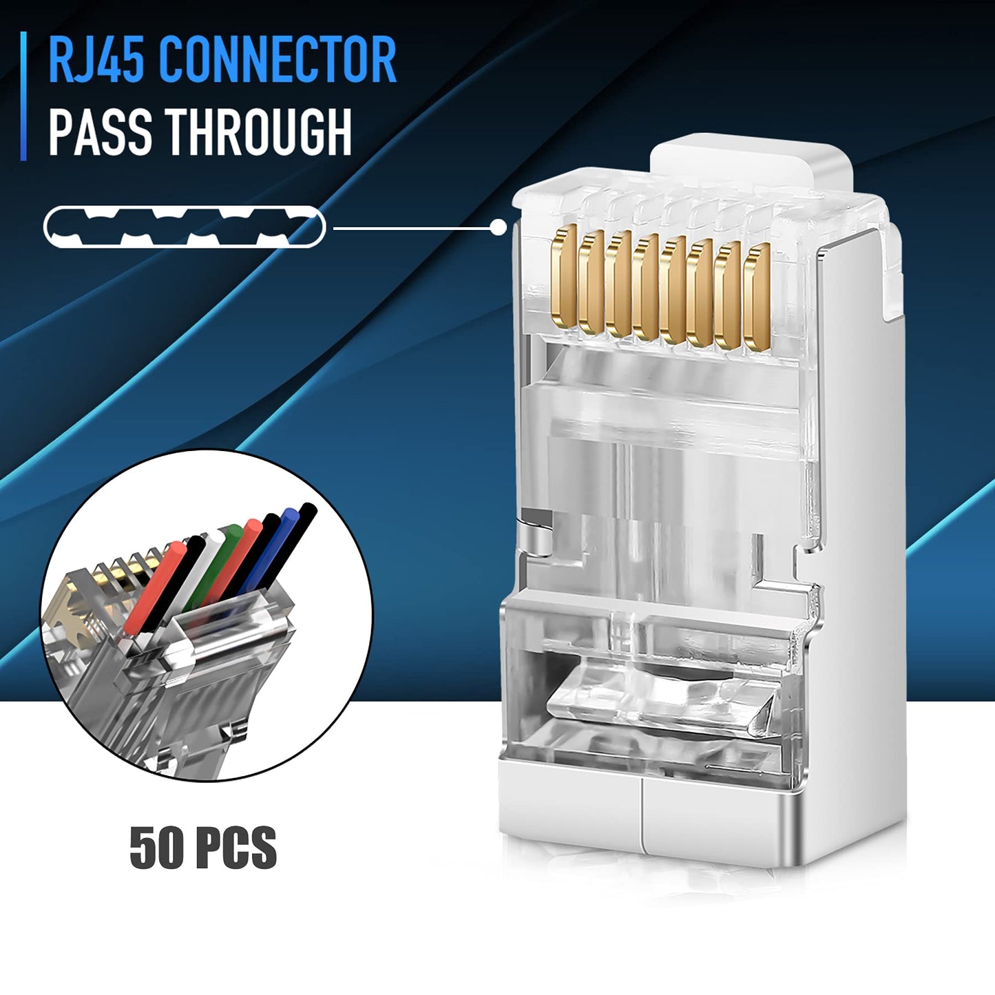 Shielded RJ45 Cat6 Cat 6A Connectors - Pass Through Connector Gold Plated 3 Prong 8P8C Modular Plugs for FTP/STP Stranded Ethernet Cable & Solid Wire(50 Pcs/Jar,23AWG)