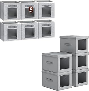 Six cube storage bins with handles and five collapsible bins with lids