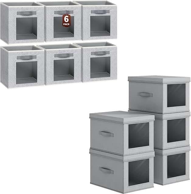 Six cube storage bins with handles and five collapsible bins with lids