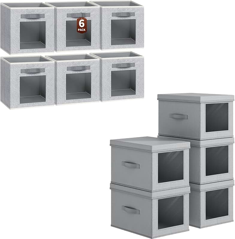 Six cube storage bins with handles and five collapsible bins with lids