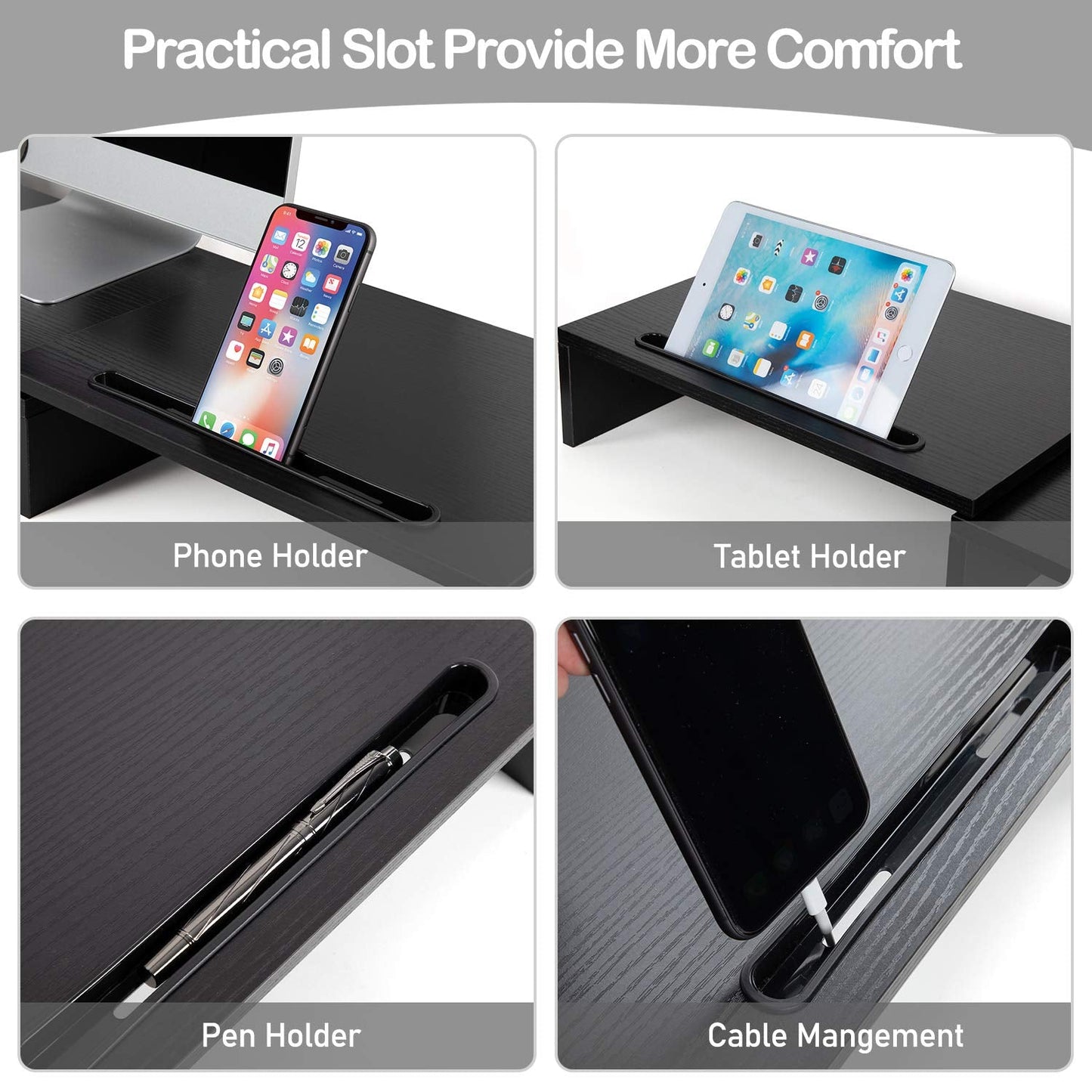 Dual Monitor Stand -Adjustable Length and Angle, Dual Monitor Riser, Computer Monitor Stand w/2 Slot, Desktop Organizer, Monitor Stand Riser for PC, Computer, Laptop (Black)