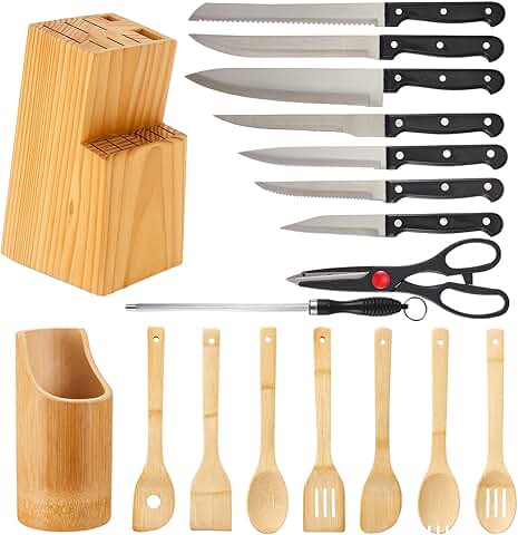 23-Piece Kitchen Utensils and Knife Set with Wooden Tools