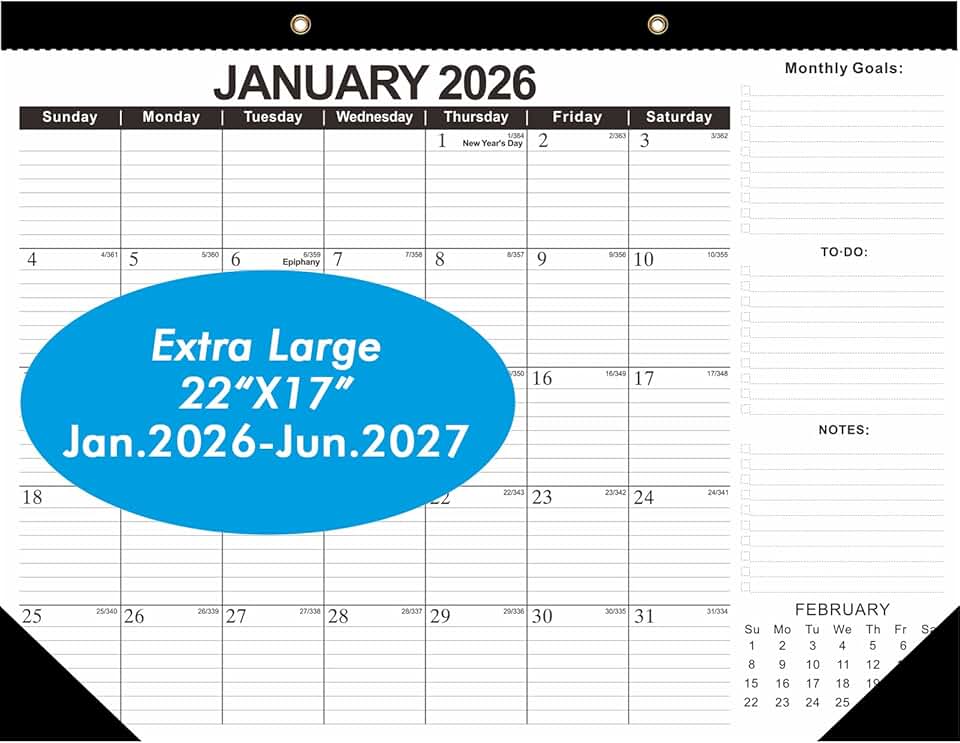 Large 2026 Wall and Desk Calendar 22"x17"