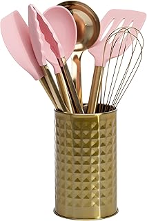 Pink and gold kitchen tool set with utensils and stainless steel tools