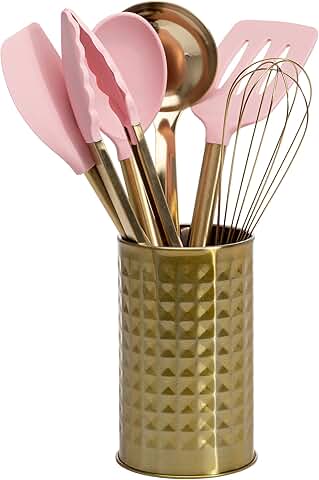 Pink and gold kitchen tool set with utensils and stainless steel tools
