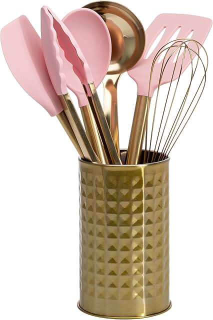 Pink and gold kitchen tool set with utensils and stainless steel tools