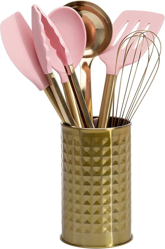 Pink and gold kitchen tool set with utensils and stainless steel tools