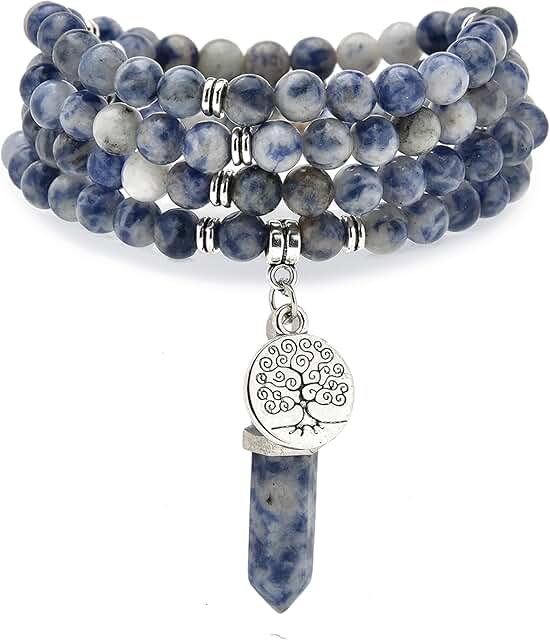 Handmade Tree of Life Charm with Healing Mala Beads and Quartz Pendant