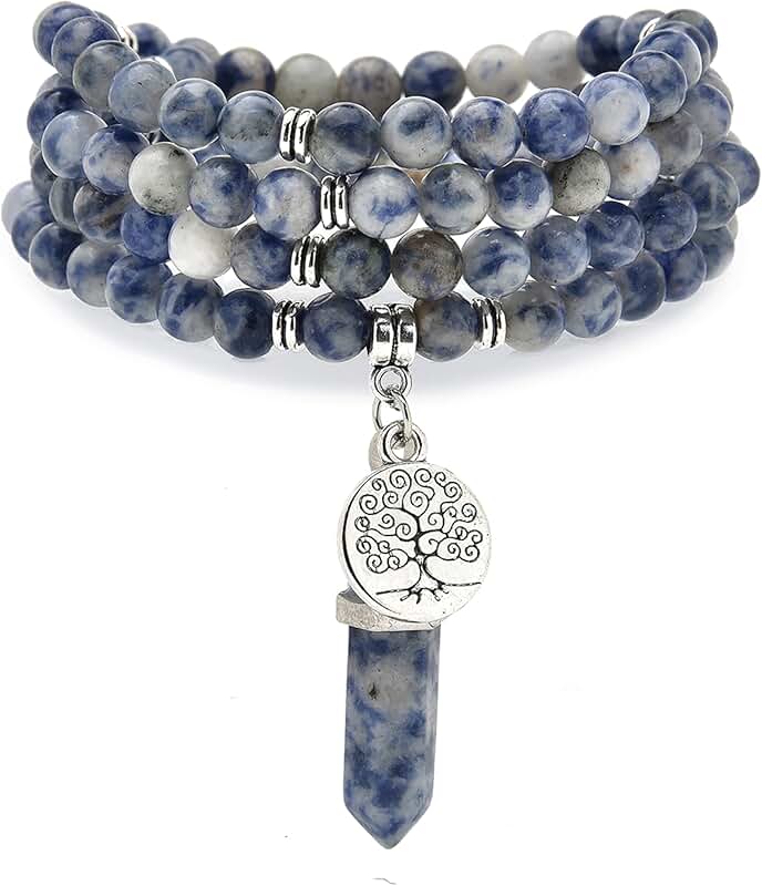 Handmade Tree of Life Charm with Healing Mala Beads and Quartz Pendant