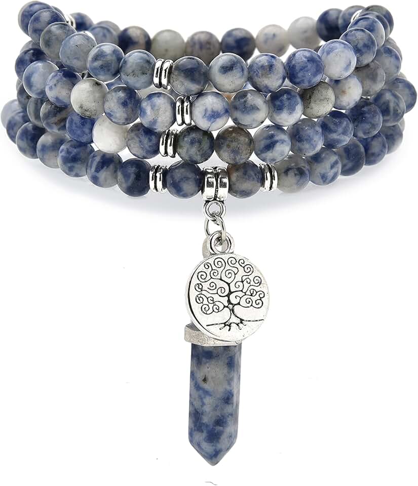 Handmade Tree of Life Charm with Healing Mala Beads and Quartz Pendant