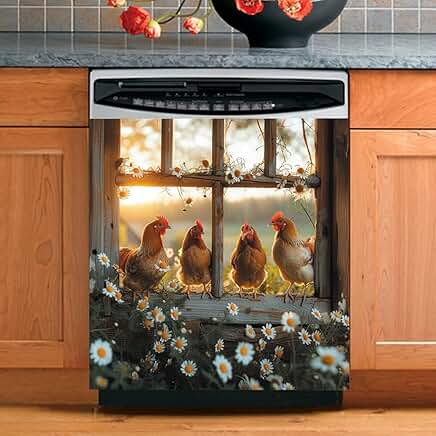 Country Chicken Dishwasher Cover with Daisy Flower Design