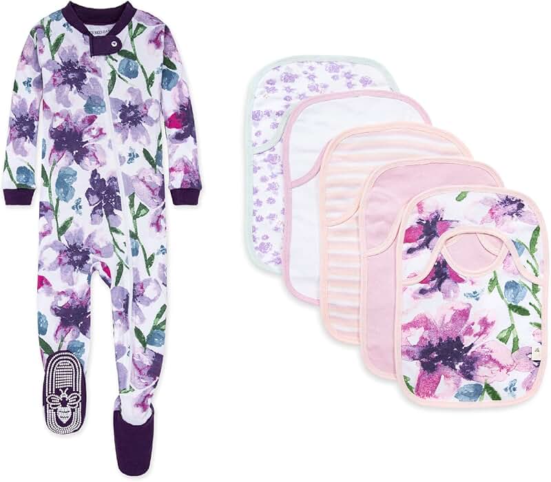 Baby girls' zip-up footed sleeper and bibs gift set