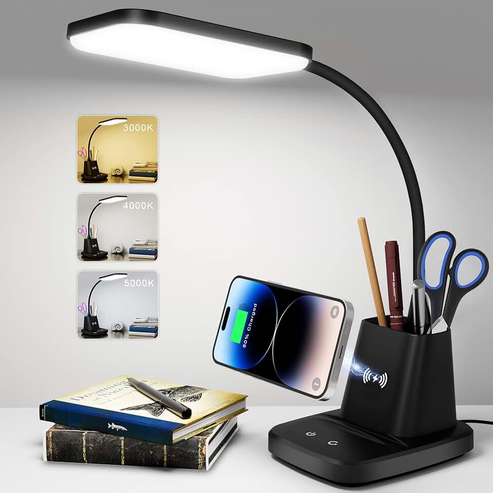 Small LED Desk Lamp with Wireless Charger and Pen Holder