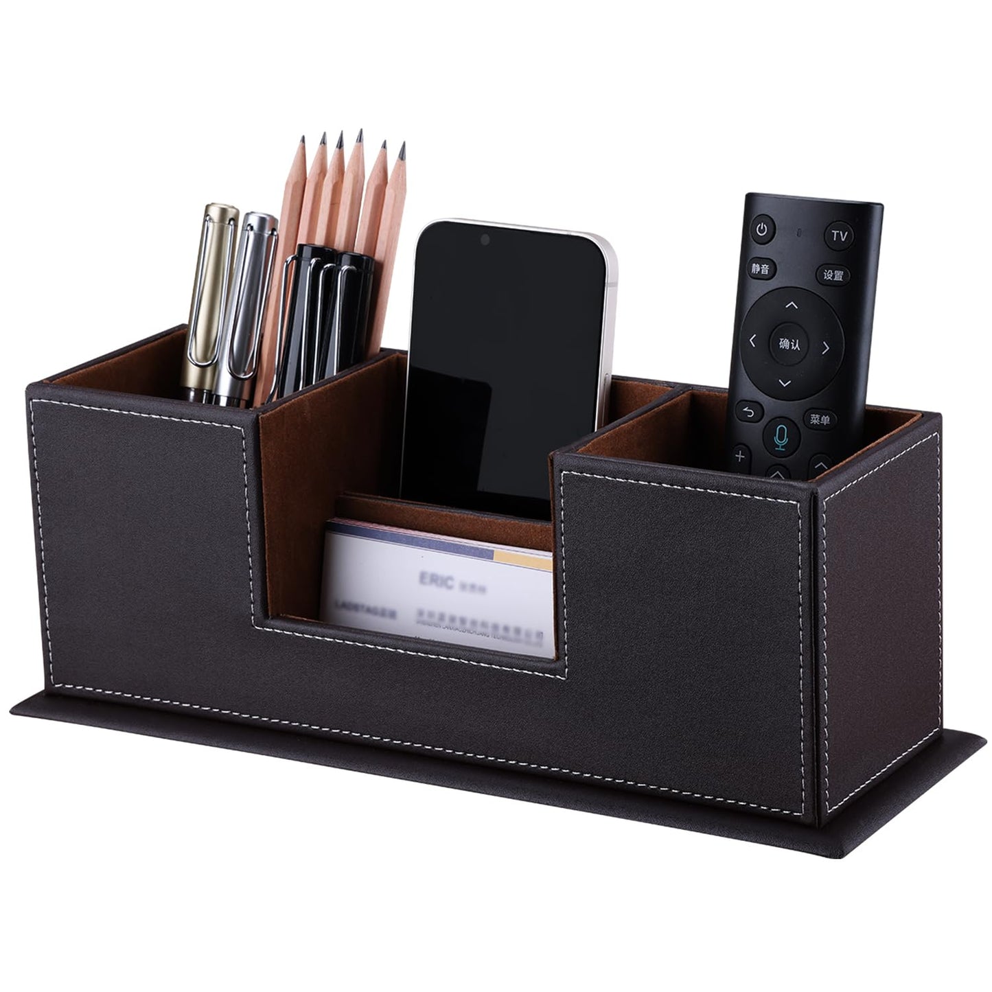 Double Wood and Leather Desk Organizer