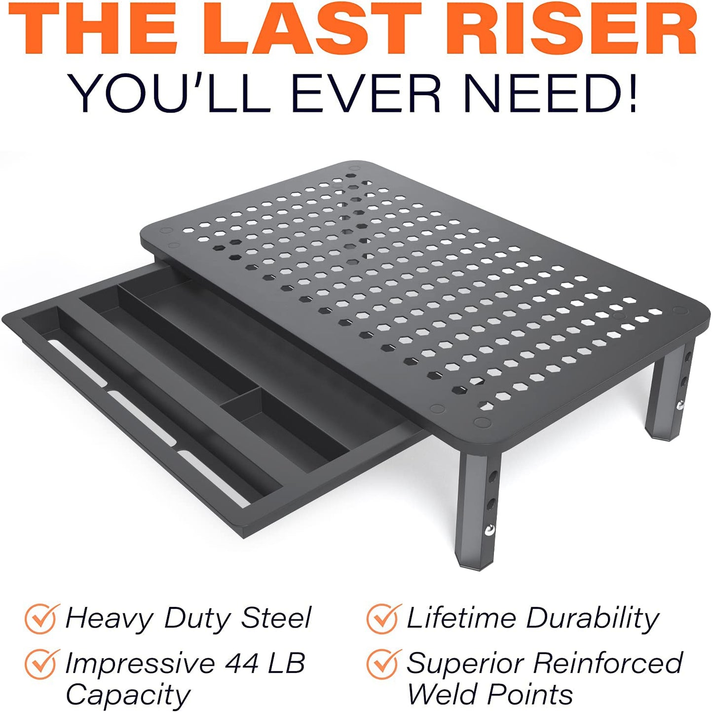 Back Saver Monitor Riser Stand with Drawer - 2 Pack - Gain 5 Weeks a Year, Less Pain & Peak Productivity with Anti Skid Mesh Metal Desktop Stand for PC Laptop Notebook Printer, Computer, iMac