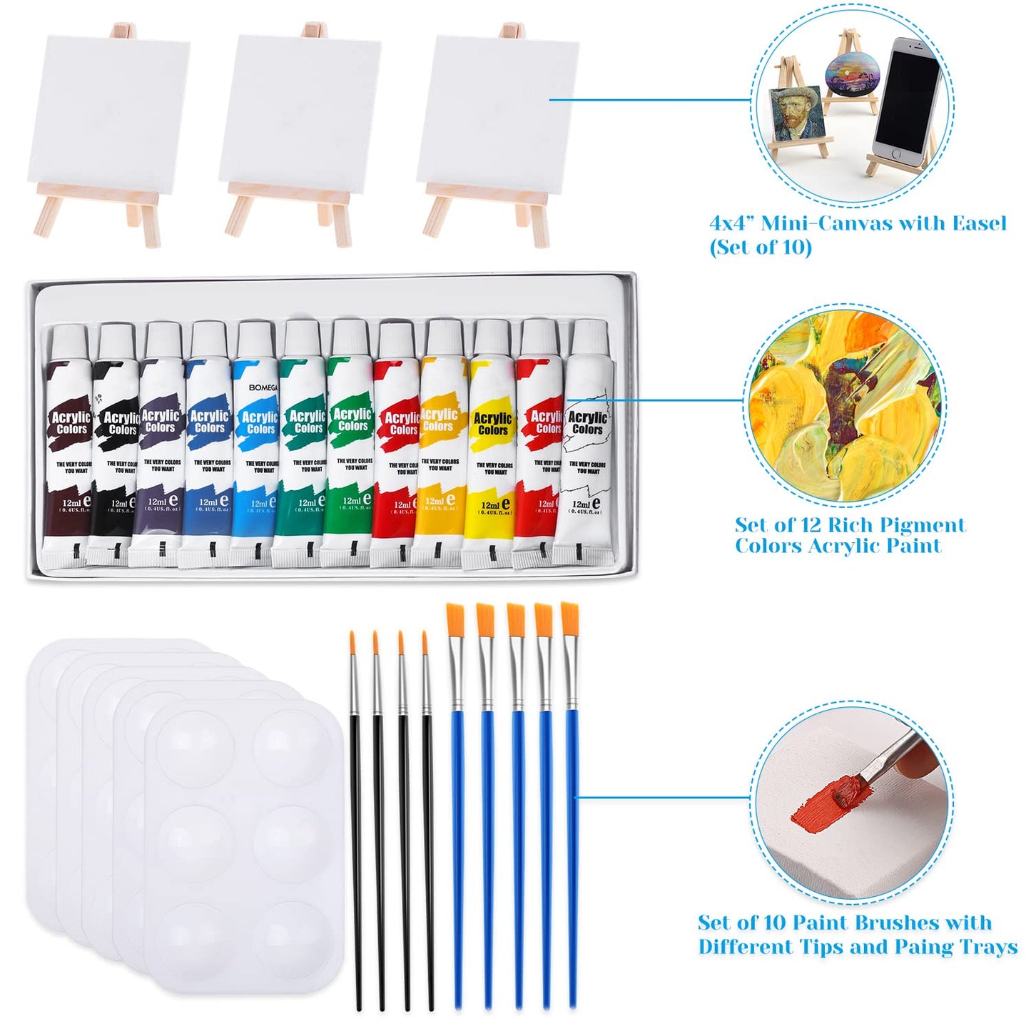 Mini Canvas and Easel Set 4x4 Inches with Paint Brushes