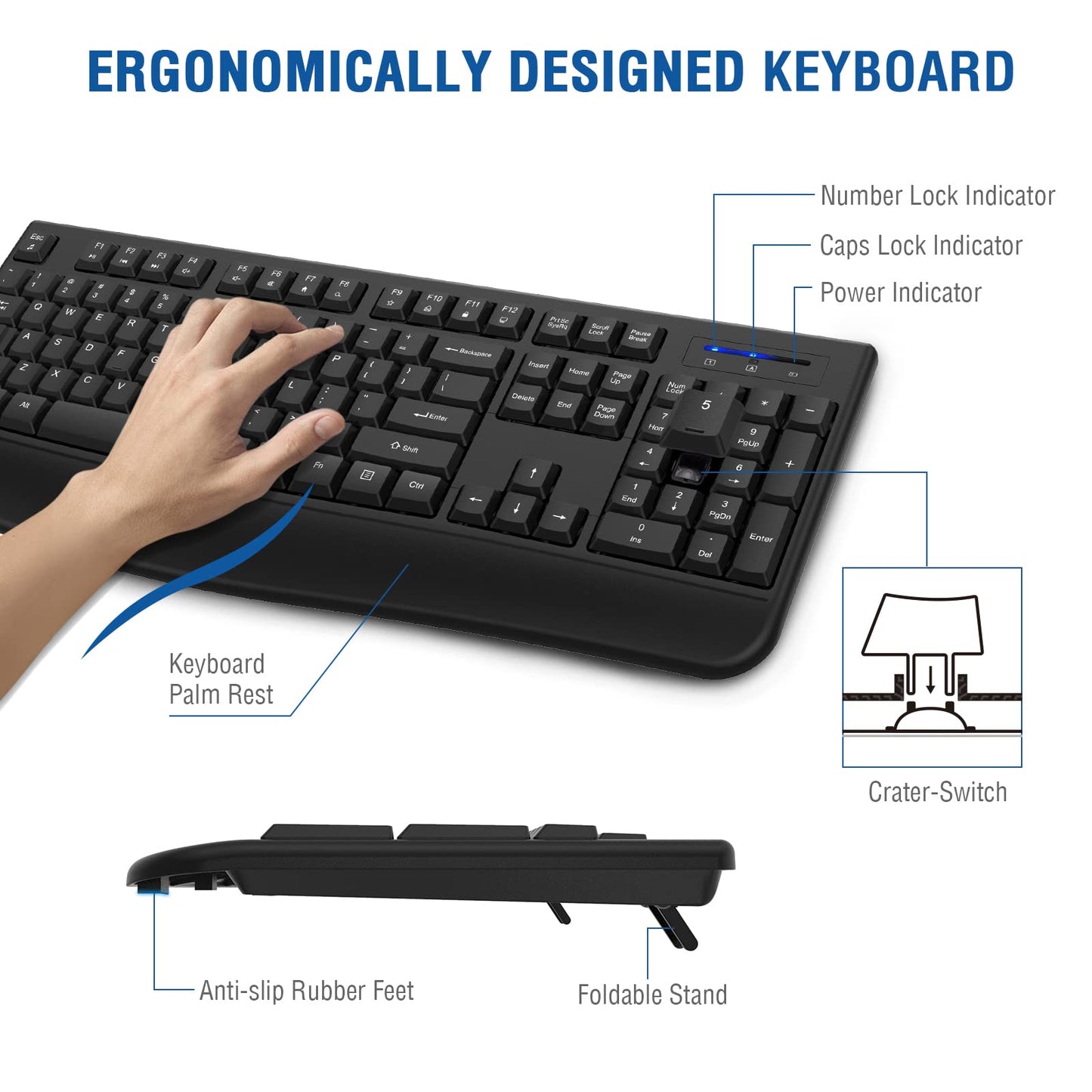 Wireless Keyboard, 2.4G Ergonomic Full Size Wireless Computer Keyboard with Wrist Rest for Windows, Mac OS Desktop/Laptop/PCBlack