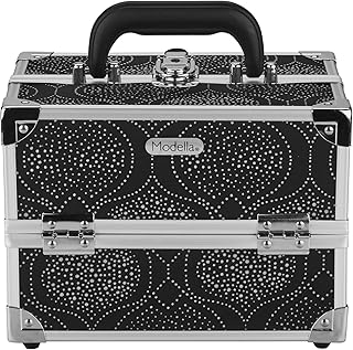 Black makeup case with expandable shelves and lock