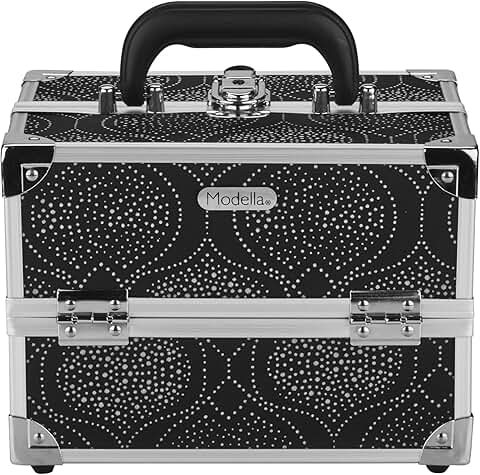 Black makeup case with expandable shelves and lock