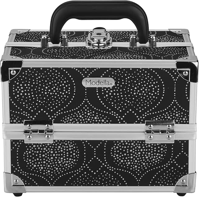 Black makeup case with expandable shelves and lock