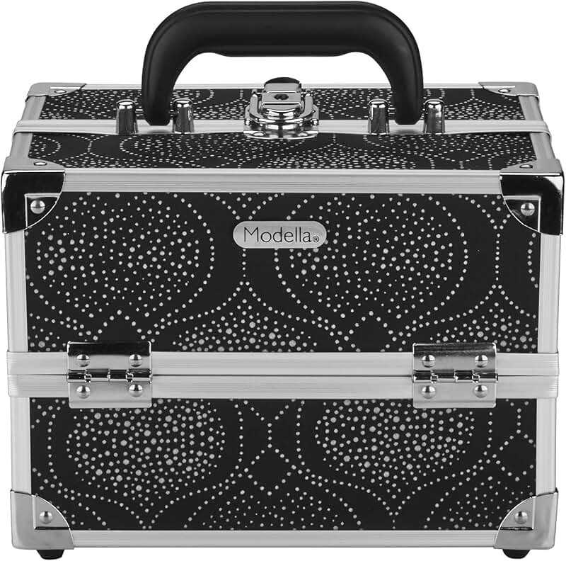 Black makeup case with expandable shelves and lock