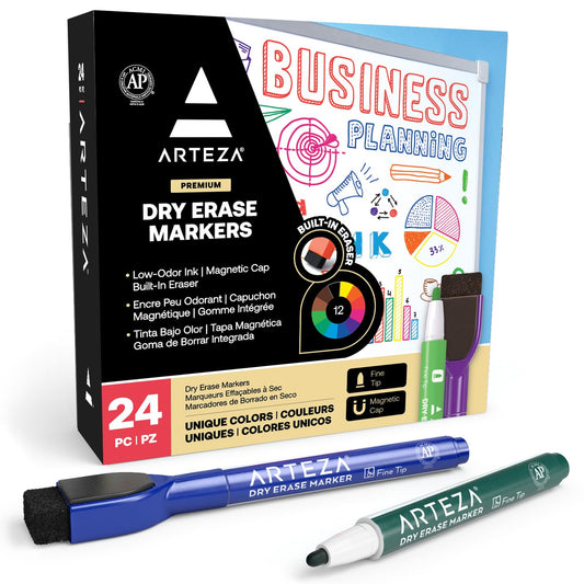 24 Assorted Color Fine Tip Dry Erase Markers with Erasers
