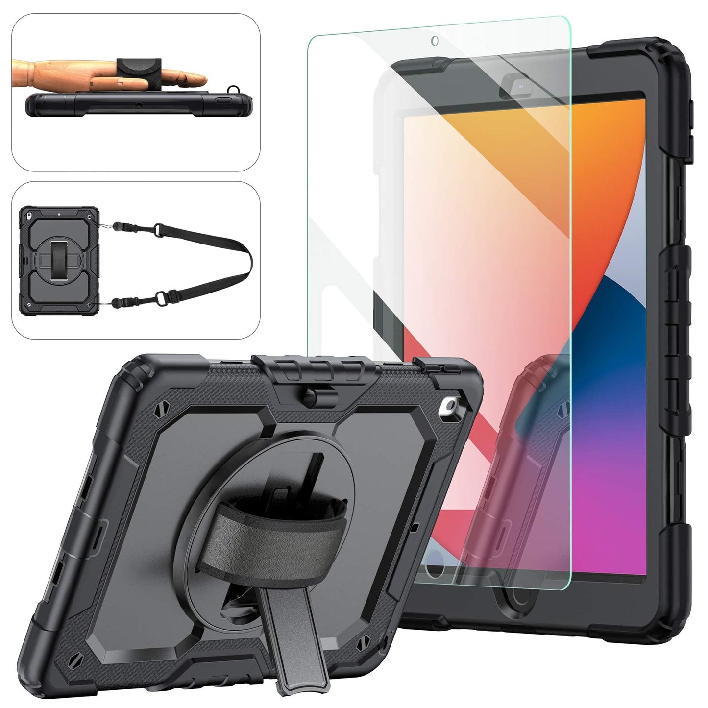 iPad 9th/8th/7th Generation Case, iPad 10.2 Case 2021/2020/2019, [Kid Proof] Full Body Protective Case with 9H Tempered Glass Screen Protector, 360 Rotatable Kickstand & Hand Strap (Black)