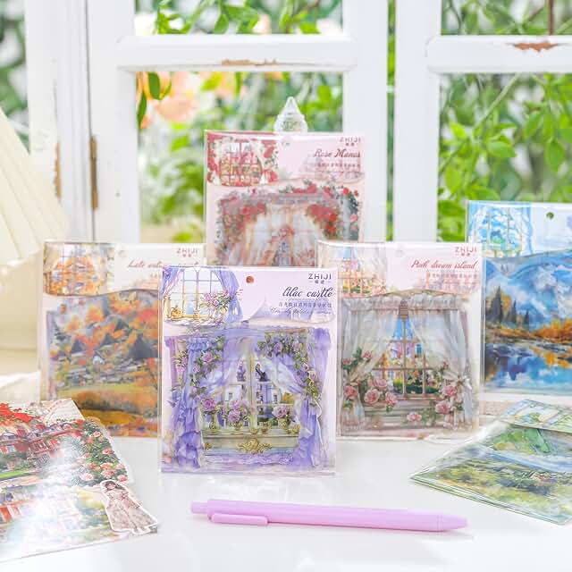 90 Vintage Landscape Scrapbook Stickers with Flowers