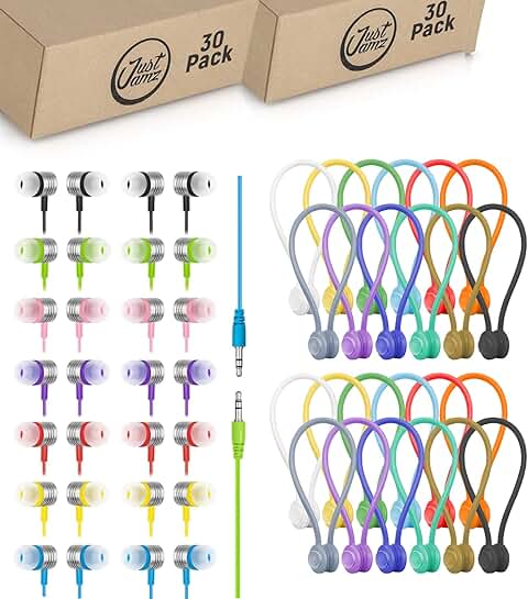 Set of 30 colorful wired earbuds and 30 magnetic cable ties
