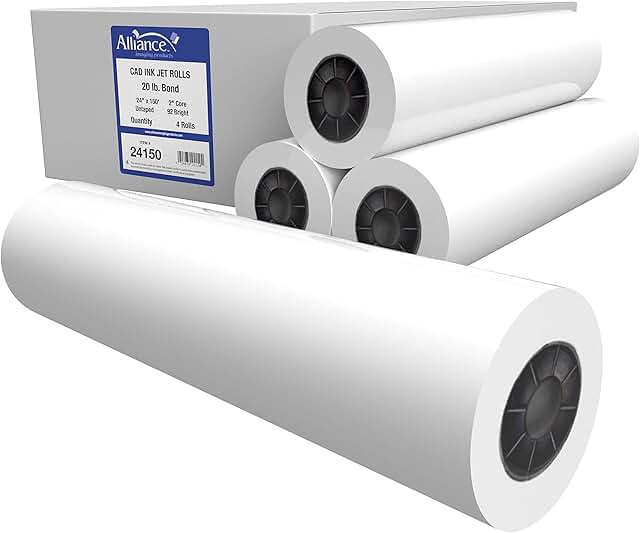 Wide Format CAD Bond Paper Rolls, 24" x 150' (4 Rolls)