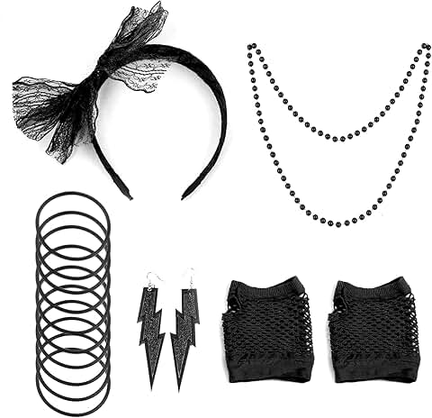 80s Women’s Halloween Accessories: Gloves, Earrings, Headband, Bracelets