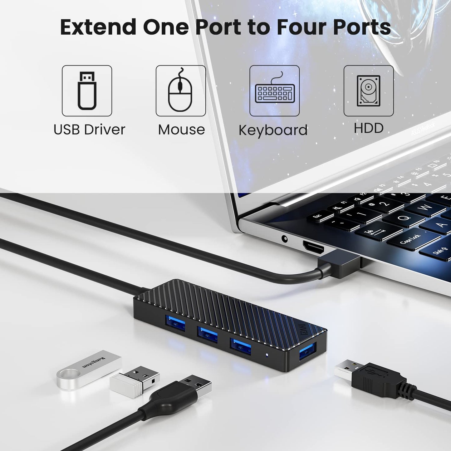 USB Hub 3.0 4-Port, Ultra Slim Data USB Splitter with 2ft Extended Cable Compatible for PC, MacBook, Mac Pro/Mini, iMac, Laptop, Surface Pro, PS4, XPS, Flash Drive, Xbox One, Mobile HDD