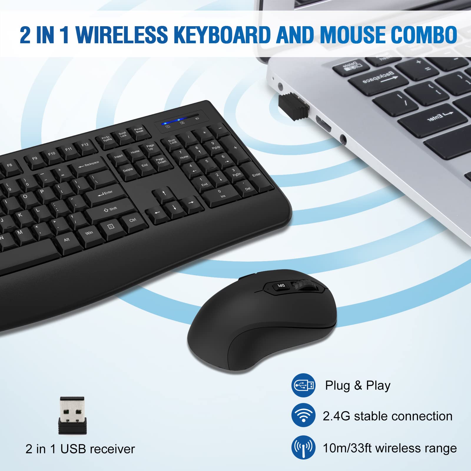 Wireless Keyboard and Mouse Combo, Full-Sized 2.4GHz Wireless Keyboard with Comfortable Palm Rest and Optical Wireless Mouse for Windows, Mac OS PC/Desktops/Computer/Laptops