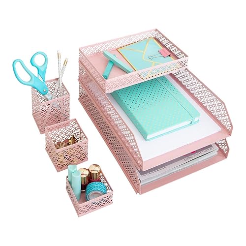Pink Desk Organizer Set with Pen Cup and Trays