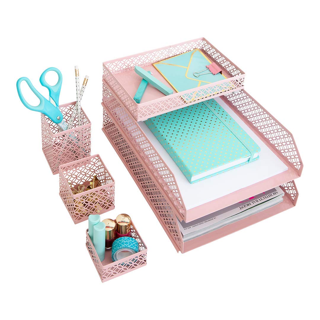 Pink Desk Organizer Set with Pen Cup and Trays