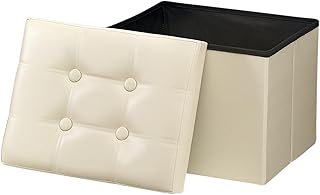 Foldable beige storage ottoman with padded seat