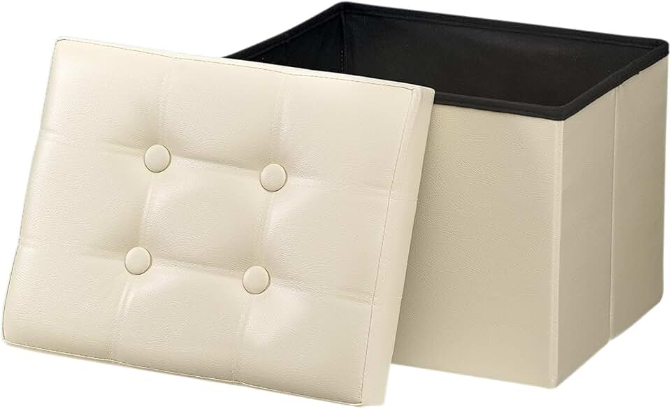 Foldable beige storage ottoman with padded seat