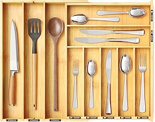 Expandable bamboo silverware drawer organizer with labels