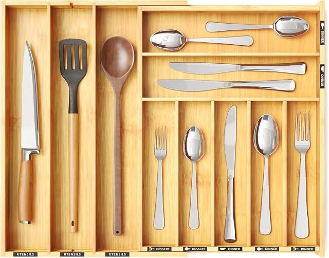 Expandable bamboo silverware drawer organizer with labels