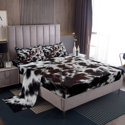 Brown Cowhide Bedding,Aztec Black White Aztec Cow Print Bed Sheet Set Full,Western Farm Animal Bed Sheets for Kids Boys Girls Men Women,Rustic Cowboy Cow Fur Fitted Sheet  Flat Sheet 4 Pcs