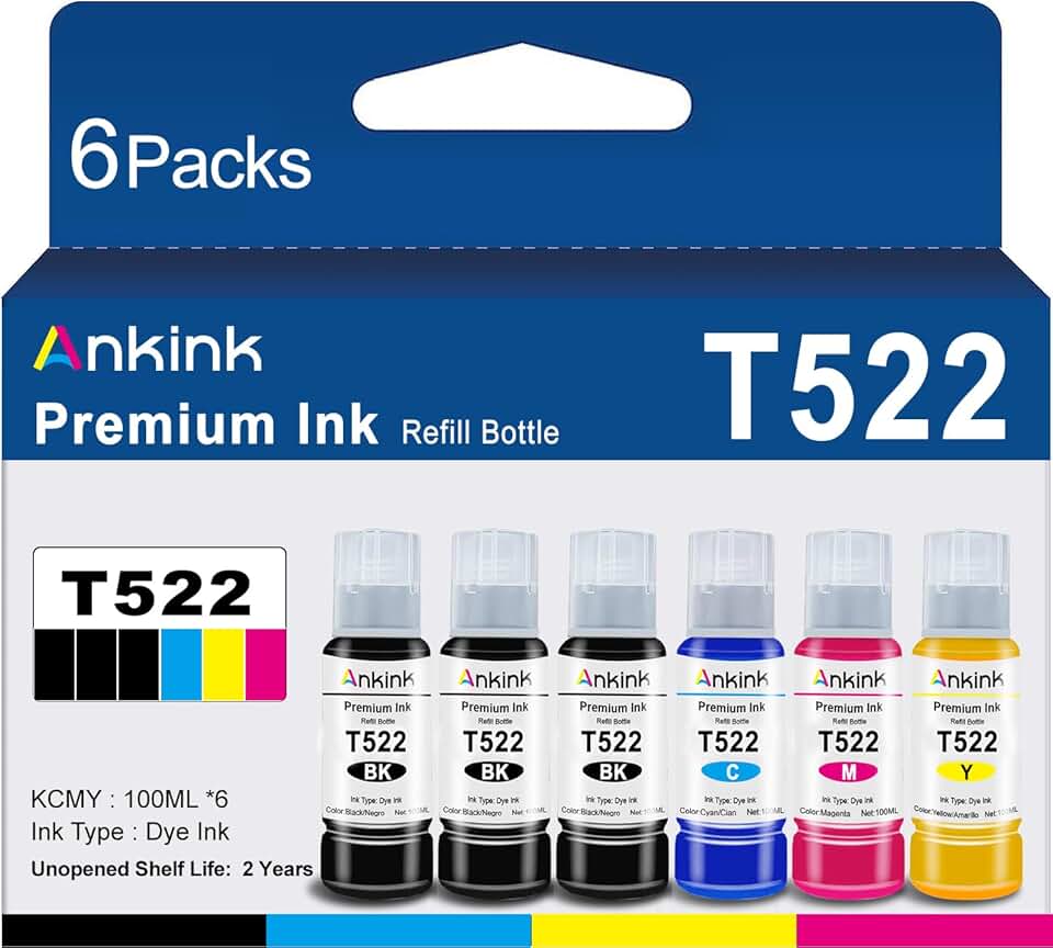 Black Ink Refill Bottles for EcoTank Printers, 6 Pack